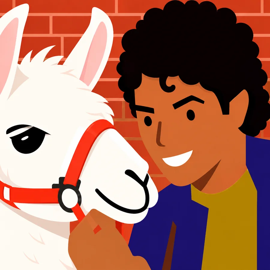 The Aerbuf mascot — a white llama with a red halter, next to its keeper