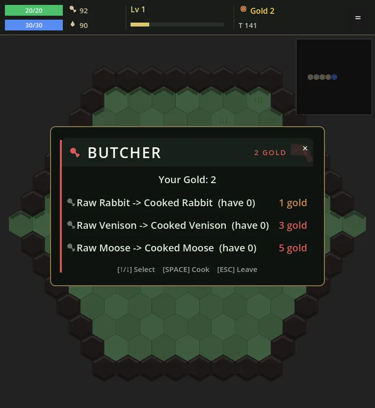 timquest Butcher NPC menu cooking raw meat into hunger-restoring food